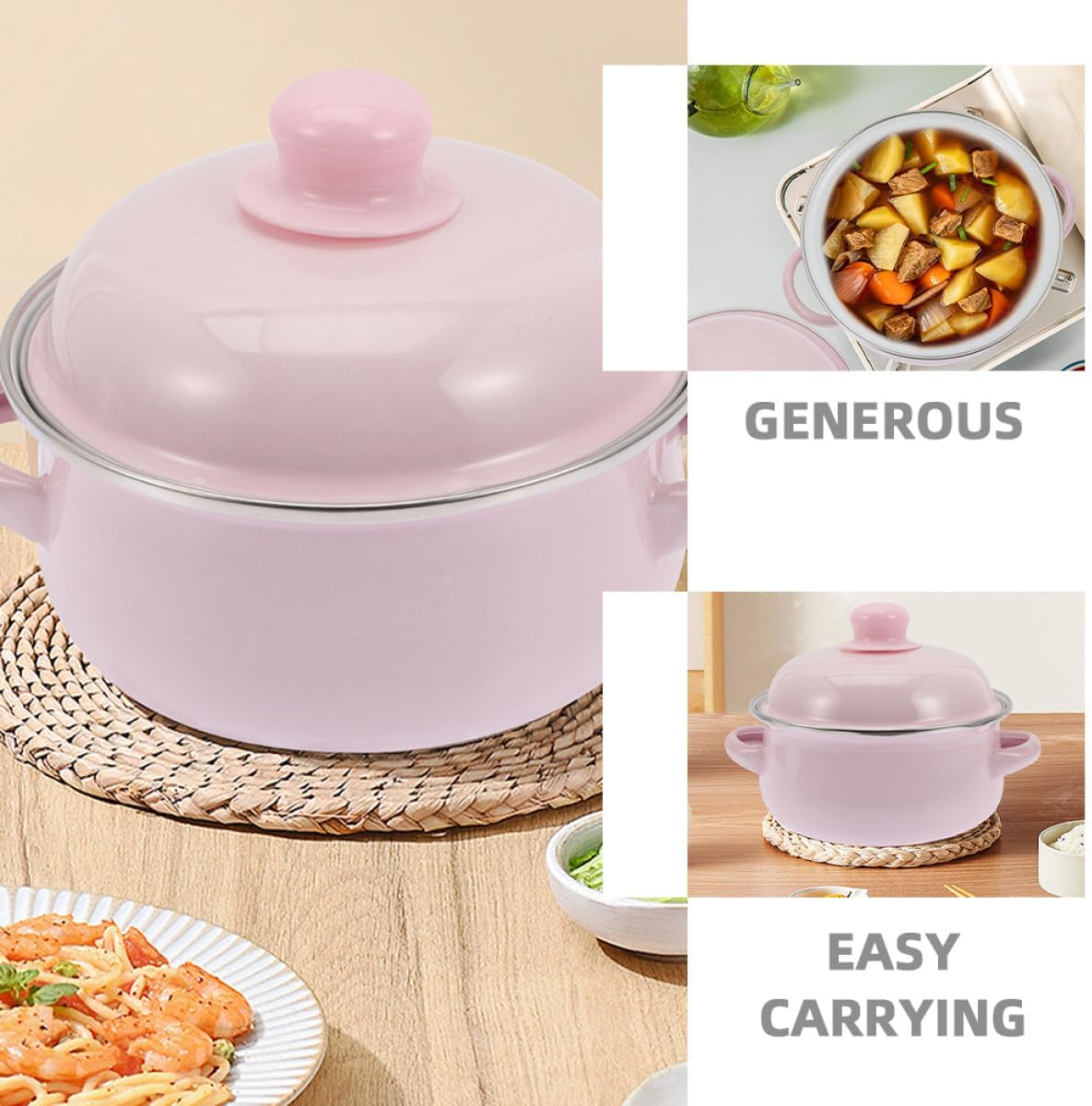 Enamel Stockpot with Lid 1.7l Thickened Traditional Nonstick Soup Pot Double Handles Retro Pink Cooking Pot for Stews and Soups Suitable for Stovetop Use