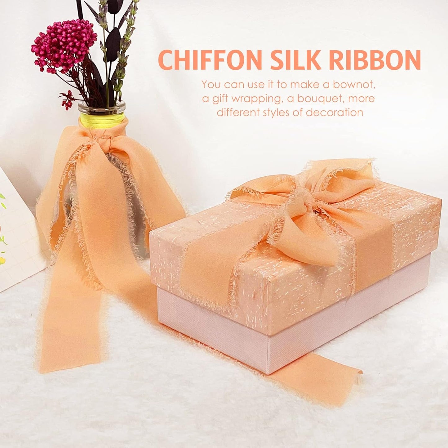 3 Rolls Rose Gold Handmade Chiffon Ribbon, 1.5" x 21Yd Frayed Fringe Silk Ribbons for Wedding Invitations, Bridal Bouquets, Gifts Wrapping, Decorations
