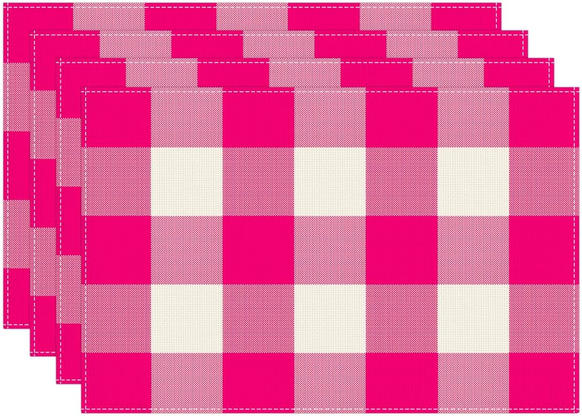 Pink and White Buffalo Check Plaid Placemats Set of 4, 12x18 Inch Waterproof Stain Resistant Linen Table Placemats Farmhouse Kitchen Party Decor Home Décor