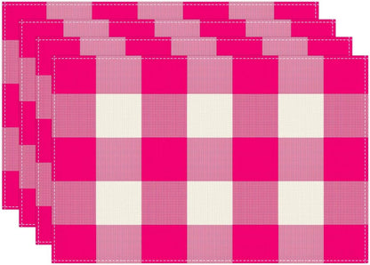 Pink and White Buffalo Check Plaid Placemats Set of 4, 12x18 Inch Waterproof Stain Resistant Linen Table Placemats Farmhouse Kitchen Party Decor Home Décor