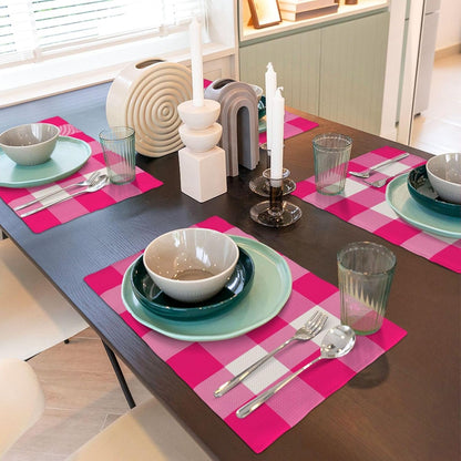 Pink and White Buffalo Check Plaid Placemats Set of 4, 12x18 Inch Waterproof Stain Resistant Linen Table Placemats Farmhouse Kitchen Party Decor Home Décor