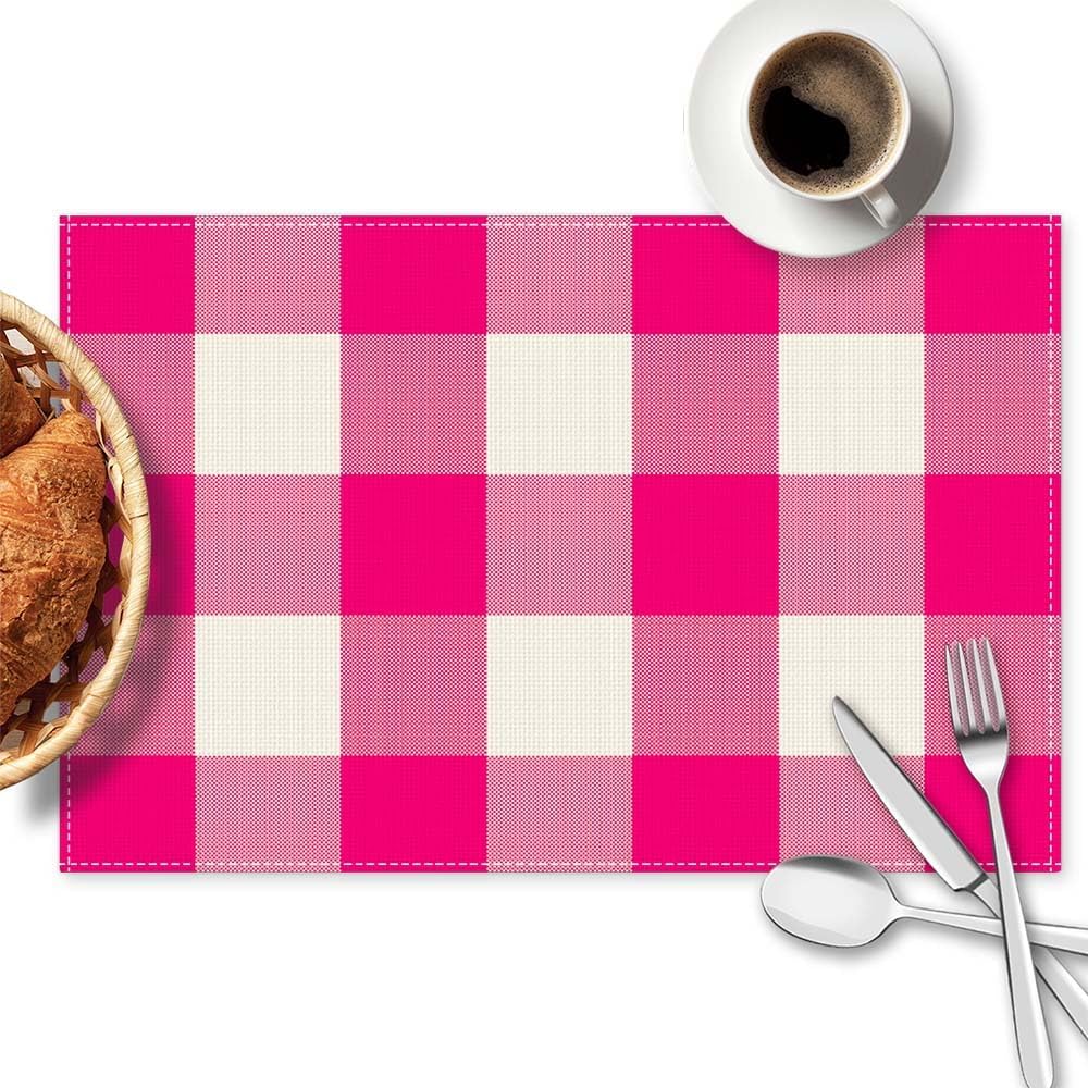 Pink and White Buffalo Check Plaid Placemats Set of 4, 12x18 Inch Waterproof Stain Resistant Linen Table Placemats Farmhouse Kitchen Party Decor Home Décor