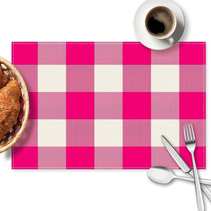 Pink and White Buffalo Check Plaid Placemats Set of 4, 12x18 Inch Waterproof Stain Resistant Linen Table Placemats Farmhouse Kitchen Party Decor Home Décor