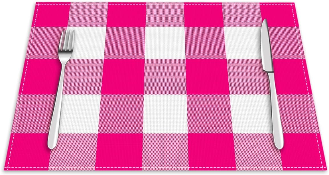 Pink and White Buffalo Check Plaid Placemats Set of 4, 12x18 Inch Waterproof Stain Resistant Linen Table Placemats Farmhouse Kitchen Party Decor Home Décor