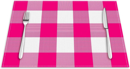 Pink and White Buffalo Check Plaid Placemats Set of 4, 12x18 Inch Waterproof Stain Resistant Linen Table Placemats Farmhouse Kitchen Party Decor Home Décor