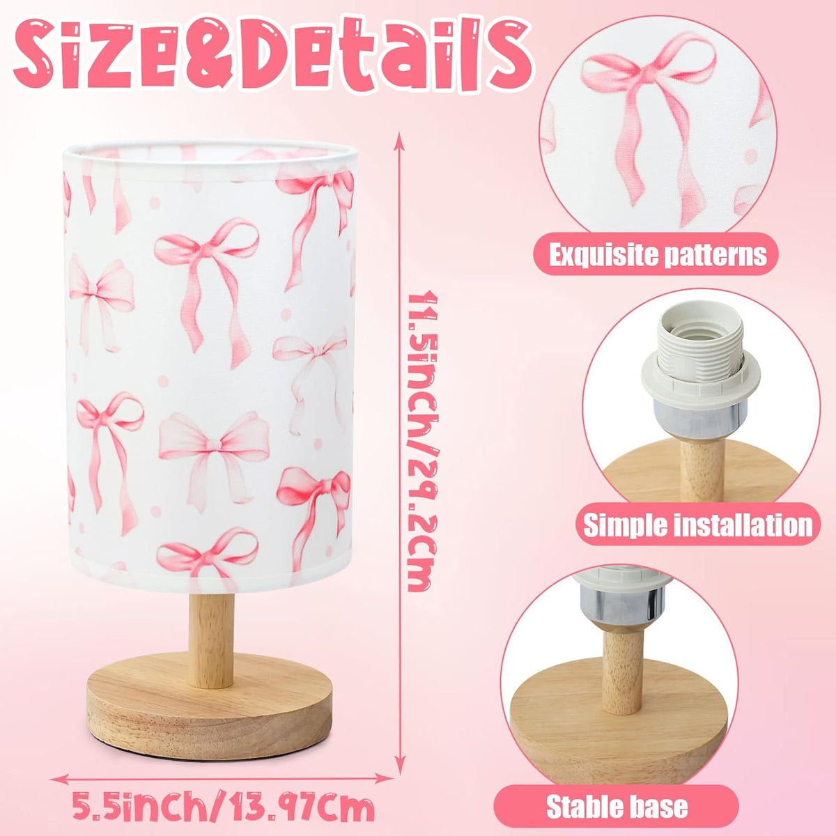 Bow Kids Table Lamp for Bedroom Kids Bedside Lamp with Linen Wooden Nightstand Cartoon Nursery Lampshade for Girls Room Pink Bow Decor