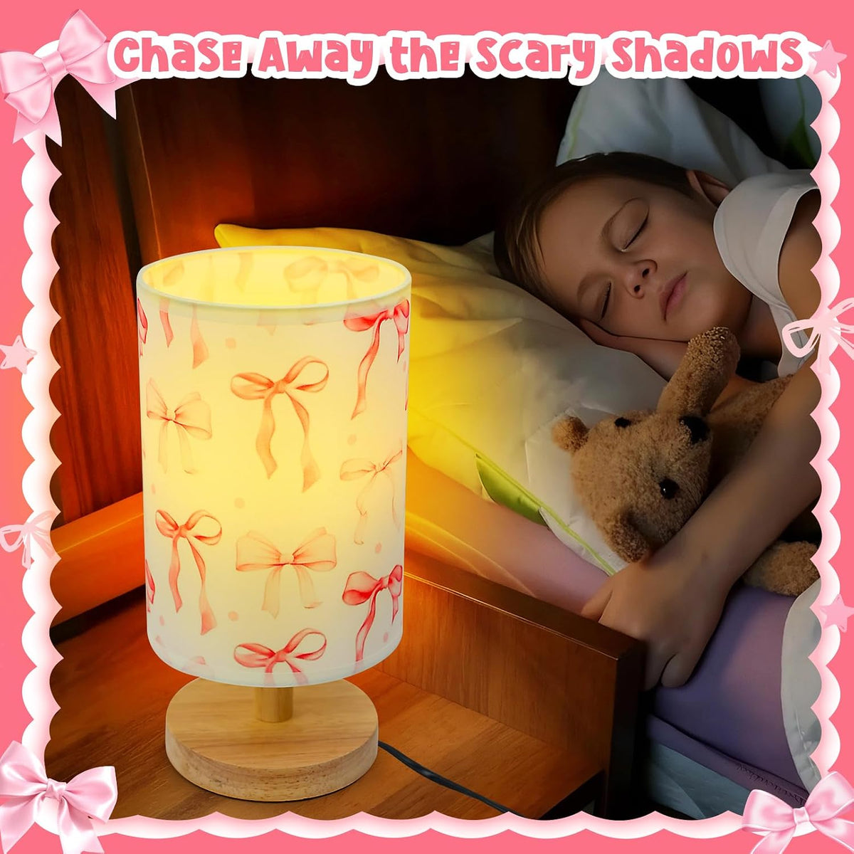 Bow Kids Table Lamp for Bedroom Kids Bedside Lamp with Linen Wooden Nightstand Cartoon Nursery Lampshade for Girls Room Pink Bow Decor