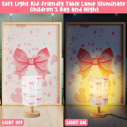 Bow Kids Table Lamp for Bedroom Kids Bedside Lamp with Linen Wooden Nightstand Cartoon Nursery Lampshade for Girls Room Pink Bow Decor