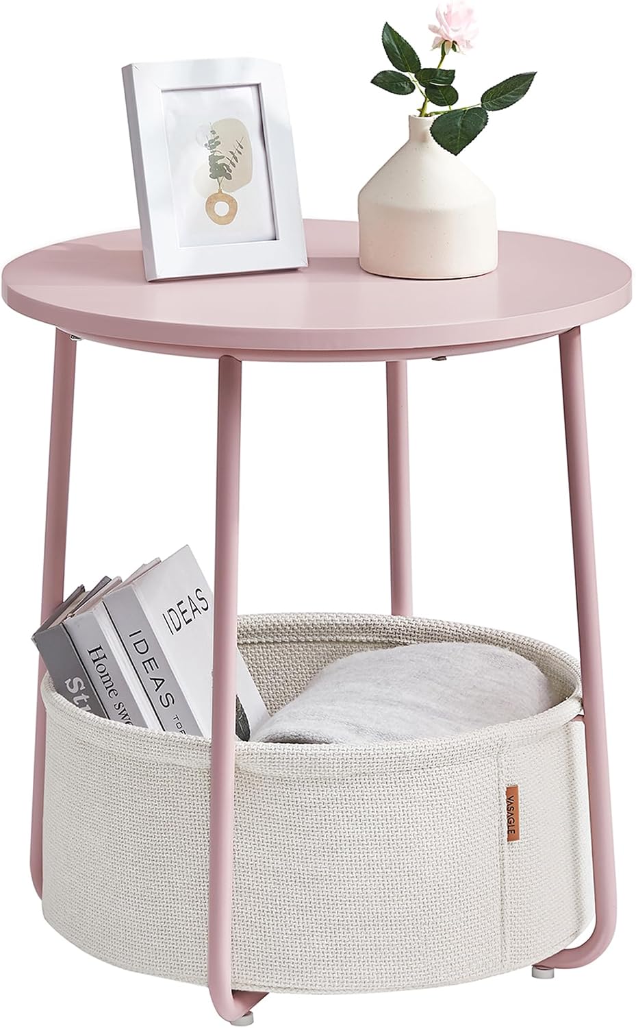 VASAGLE Small Round Side End Table, Small Nightstand with Fabric Basket