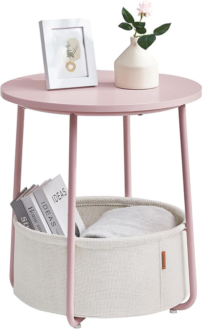 VASAGLE Small Round Side End Table, Small Nightstand with Fabric Basket