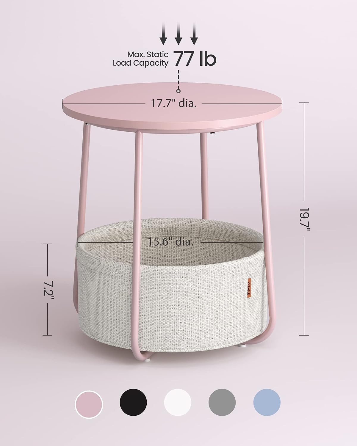 VASAGLE Small Round Side End Table, Small Nightstand with Fabric Basket