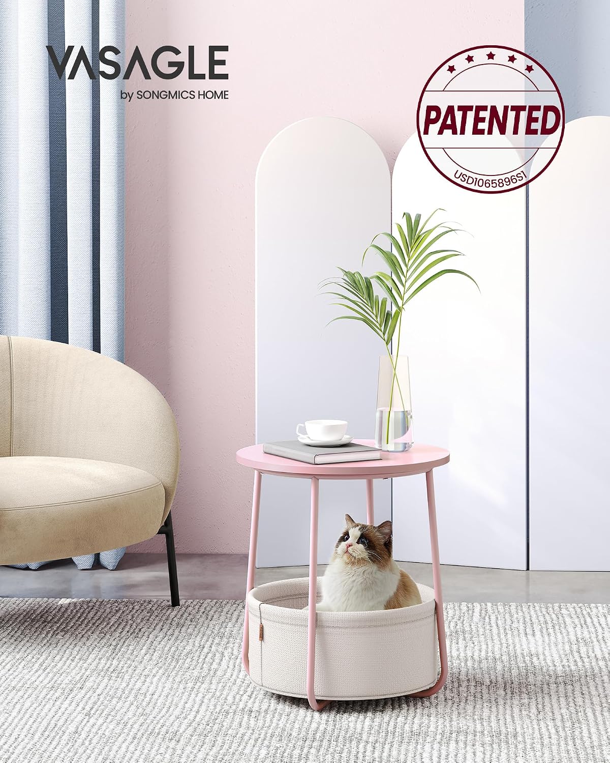 VASAGLE Small Round Side End Table, Small Nightstand with Fabric Basket