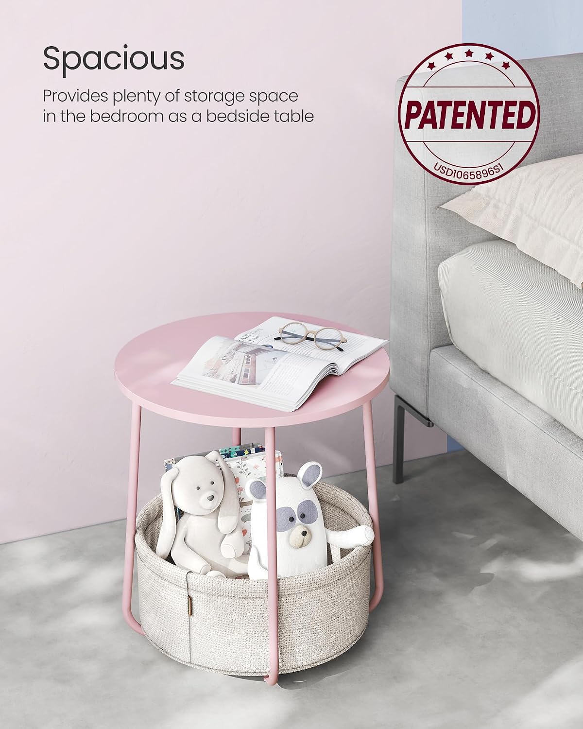 VASAGLE Small Round Side End Table, Small Nightstand with Fabric Basket