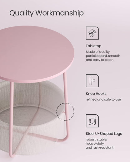 VASAGLE Small Round Side End Table, Small Nightstand with Fabric Basket