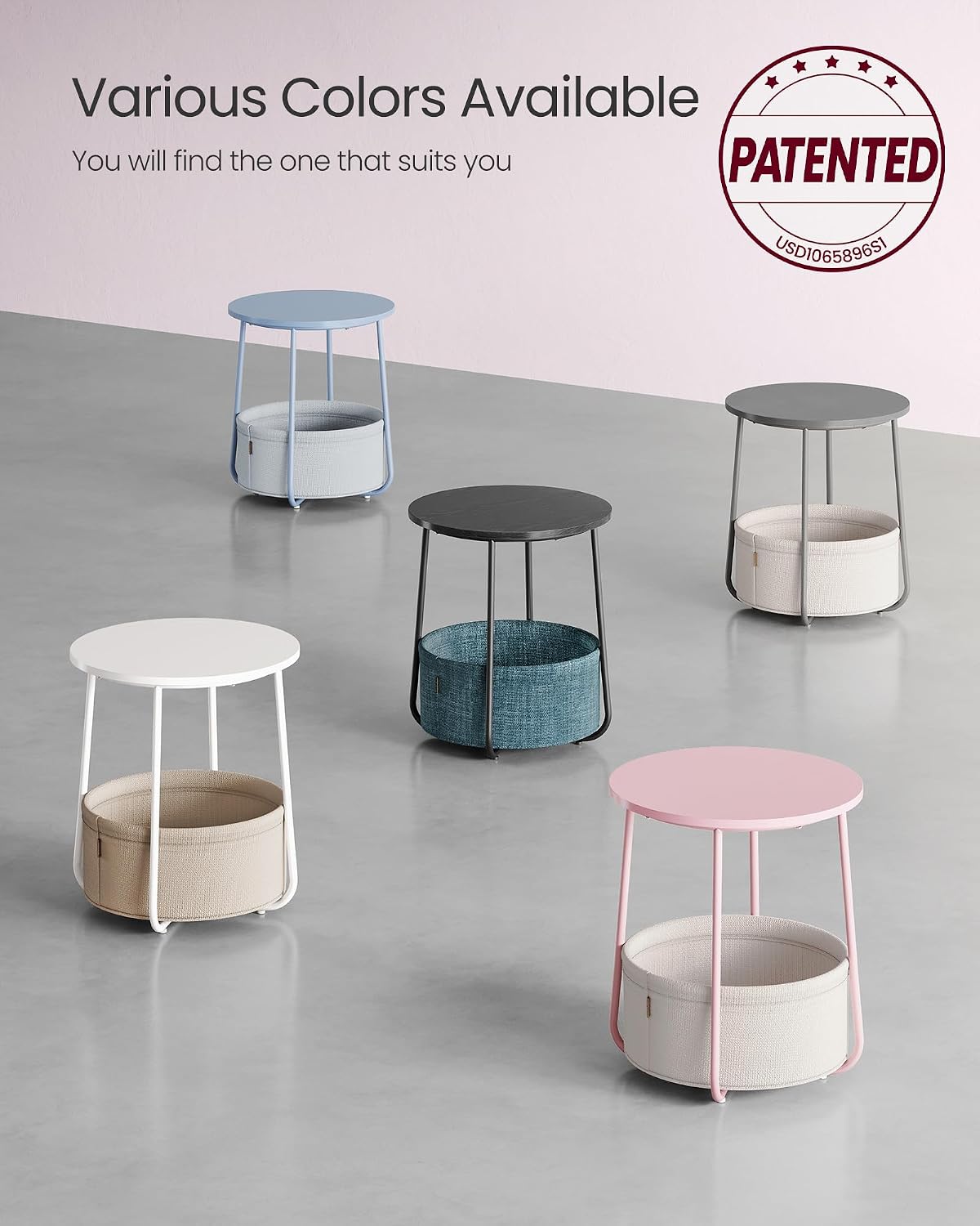VASAGLE Small Round Side End Table, Small Nightstand with Fabric Basket