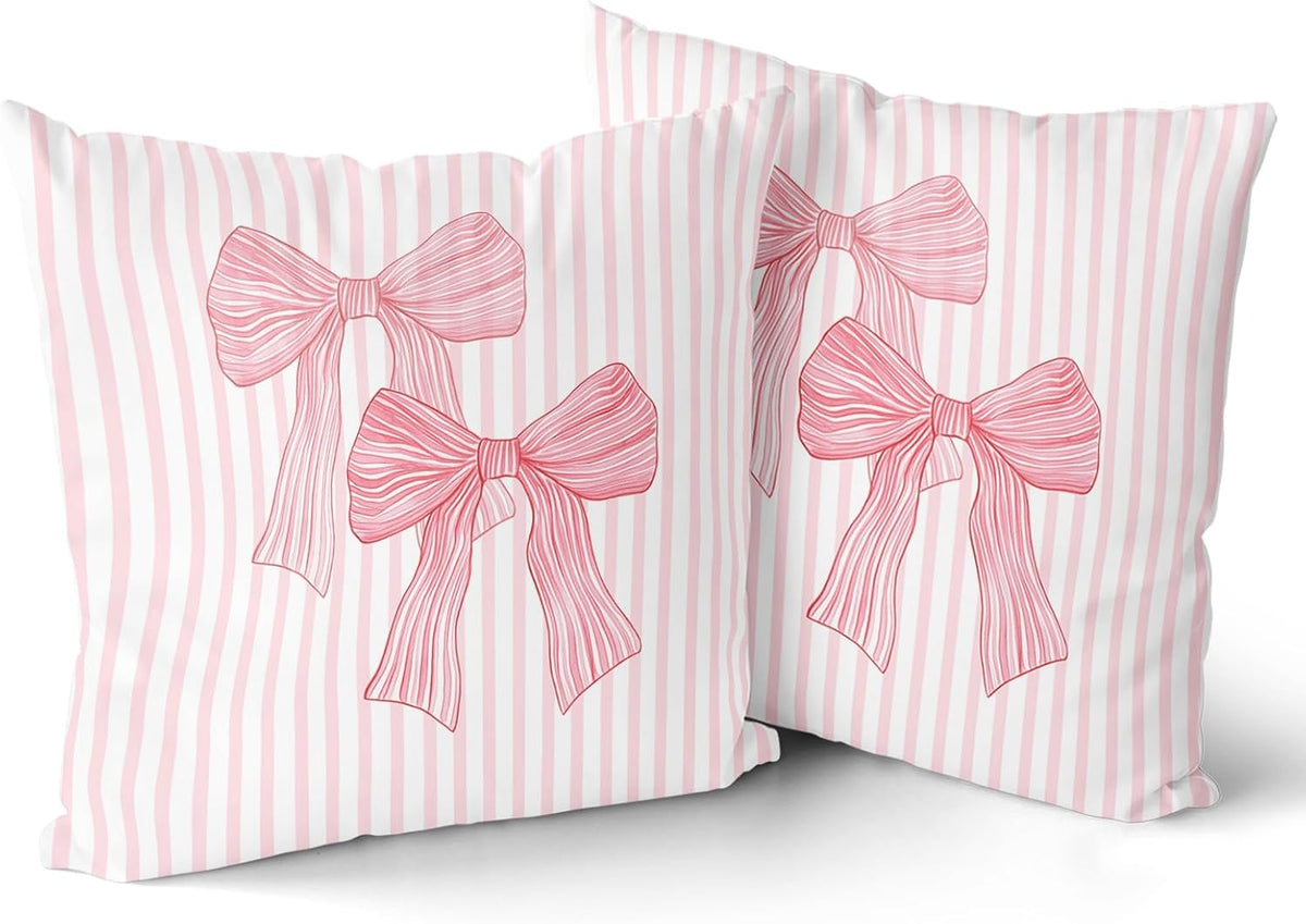 Pink Bow Pillow Covers 18x18 Inch Set of 2 Pink and White Striped Pillowcase for Home Preppy Room Bedroom Sofa Decor, Double Sided Pattern