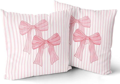 Pink Bow Pillow Covers 18x18 Inch Set of 2 Pink and White Striped Pillowcase for Home Preppy Room Bedroom Sofa Decor, Double Sided Pattern