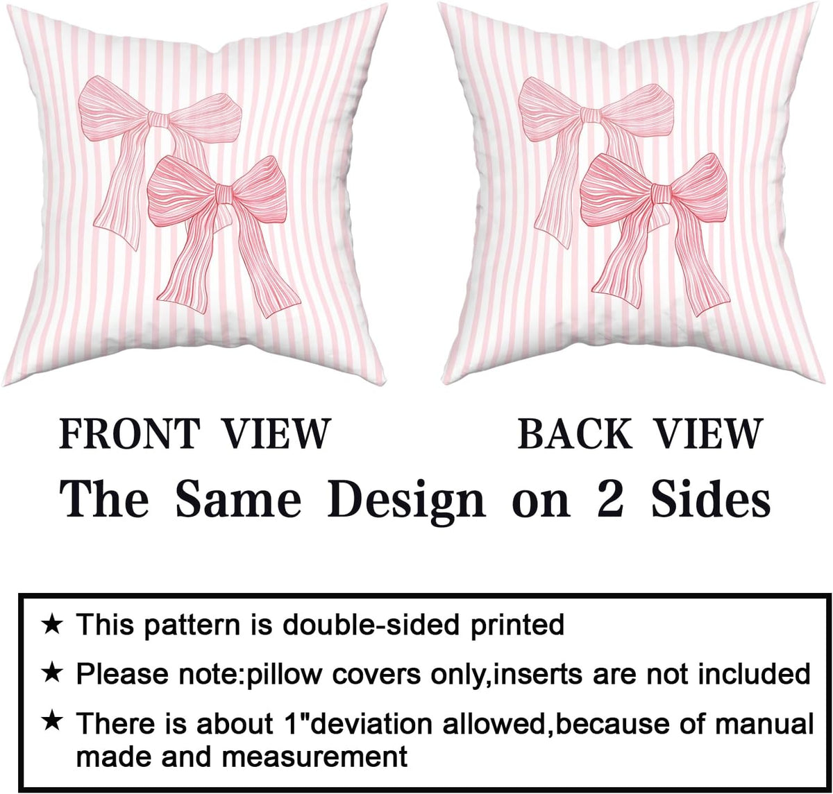 Pink Bow Pillow Covers 18x18 Inch Set of 2 Pink and White Striped Pillowcase for Home Preppy Room Bedroom Sofa Decor, Double Sided Pattern