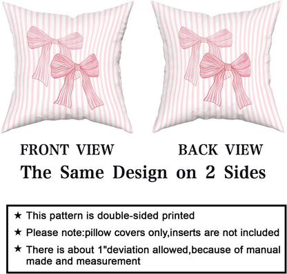 Pink Bow Pillow Covers 18x18 Inch Set of 2 Pink and White Striped Pillowcase for Home Preppy Room Bedroom Sofa Decor, Double Sided Pattern