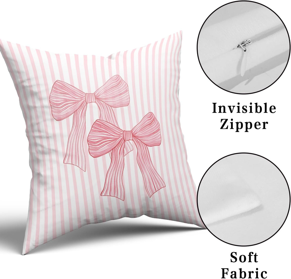 Pink Bow Pillow Covers 18x18 Inch Set of 2 Pink and White Striped Pillowcase for Home Preppy Room Bedroom Sofa Decor, Double Sided Pattern