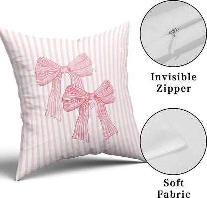 Pink Bow Pillow Covers 18x18 Inch Set of 2 Pink and White Striped Pillowcase for Home Preppy Room Bedroom Sofa Decor, Double Sided Pattern