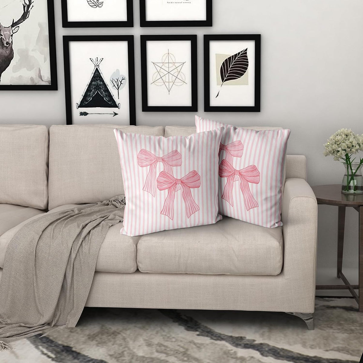 Pink Bow Pillow Covers 18x18 Inch Set of 2 Pink and White Striped Pillowcase for Home Preppy Room Bedroom Sofa Decor, Double Sided Pattern