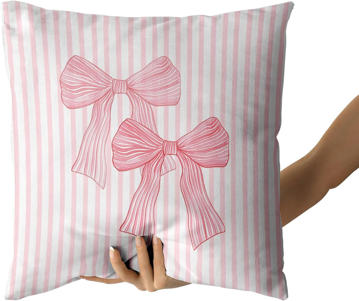 Pink Bow Pillow Covers 18x18 Inch Set of 2 Pink and White Striped Pillowcase for Home Preppy Room Bedroom Sofa Decor, Double Sided Pattern