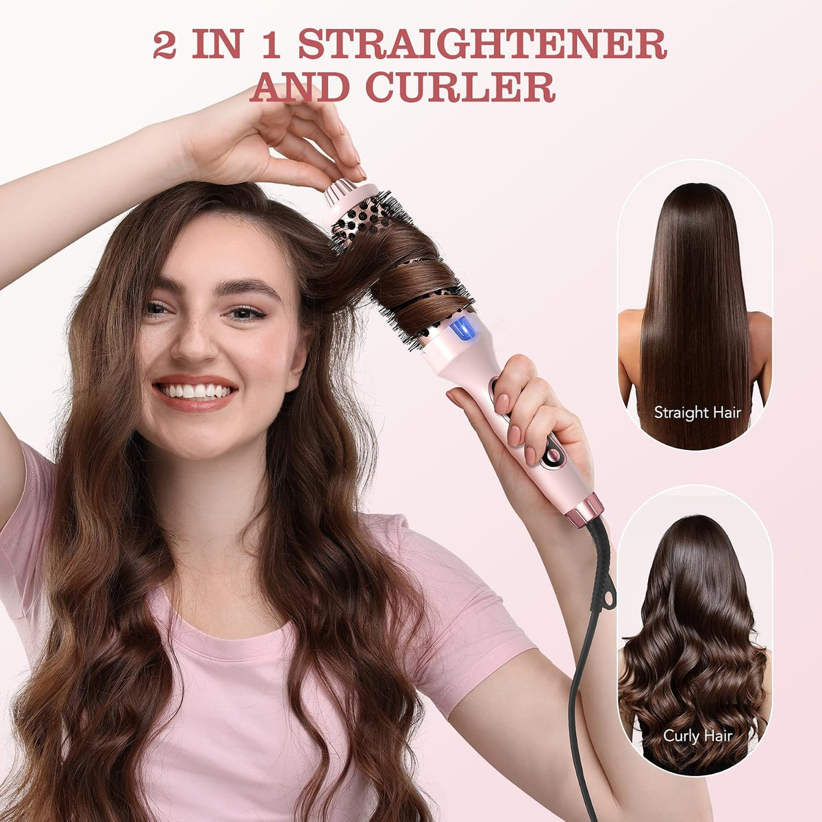 Thermal Brush, 1.5 inch Heated Round Brush Hair Curling Brush for Natural Curl, Straightener and Curler 2 in 1, Negative Ion Technology, 9 Temperature Settings, Dual Voltage for Travel, Pink