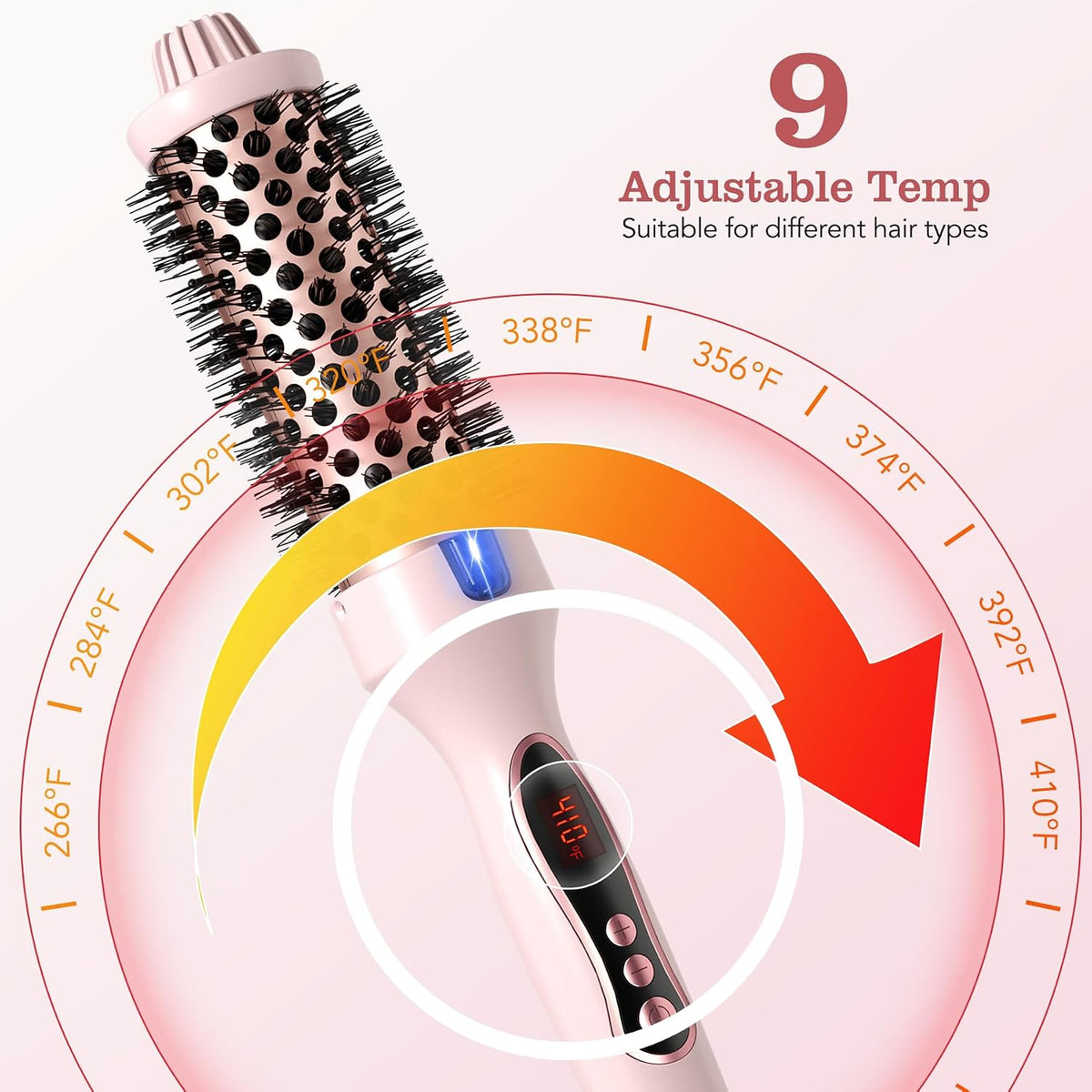 Thermal Brush, 1.5 inch Heated Round Brush Hair Curling Brush for Natural Curl, Straightener and Curler 2 in 1, Negative Ion Technology, 9 Temperature Settings, Dual Voltage for Travel, Pink
