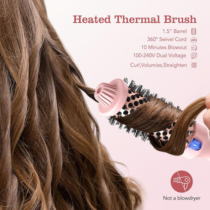 Thermal Brush, 1.5 inch Heated Round Brush Hair Curling Brush for Natural Curl, Straightener and Curler 2 in 1, Negative Ion Technology, 9 Temperature Settings, Dual Voltage for Travel, Pink