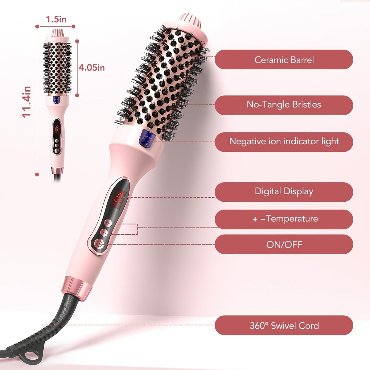 Thermal Brush, 1.5 inch Heated Round Brush Hair Curling Brush for Natural Curl, Straightener and Curler 2 in 1, Negative Ion Technology, 9 Temperature Settings, Dual Voltage for Travel, Pink
