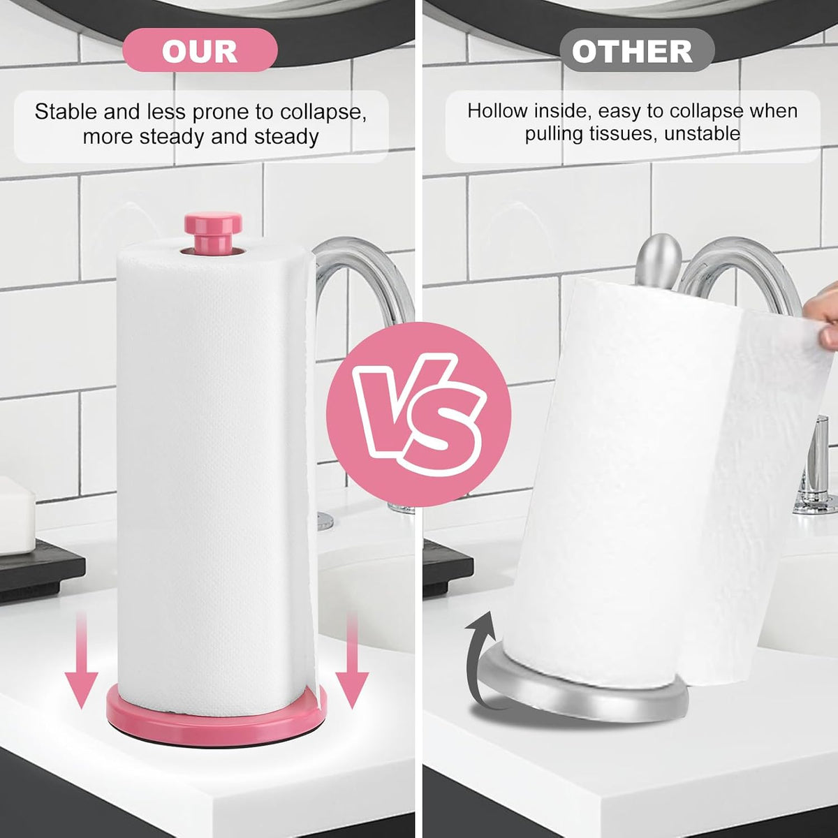 Stainless Steel Paper Towel Holder, Pink, Countertop for Kitchen & Bathroom, Standing with Weighted Base for Standard or Rolls, Brushed Brass