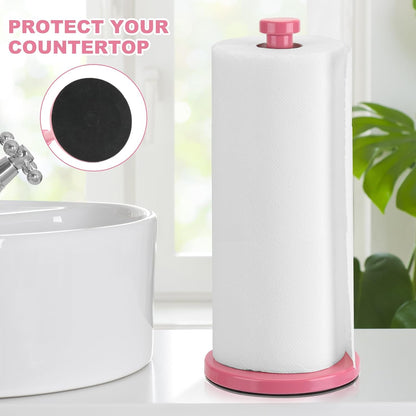 Stainless Steel Paper Towel Holder, Pink, Countertop for Kitchen & Bathroom, Standing with Weighted Base for Standard or Rolls, Brushed Brass