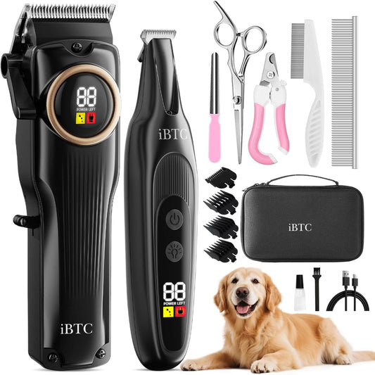 iBTC Professional Dog Grooming Clippers Kit, Low Noise Cordless Rechargeable Pet Hair Trimmer with Paw Trimmer & Nail Grinder, Heavy Duty Grooming Tools for Thick Fur Small Medium Large Dogs Cats
