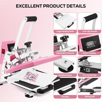 12x10 Pink Heat Press Machine for T-Shirts & HTV Sublimation Machine