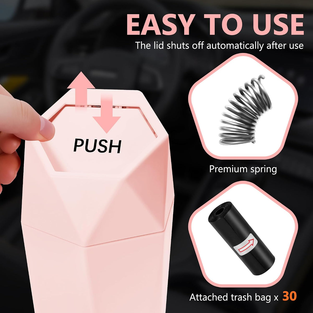 Car Trash Can with Lid, Leakproof, 30 Trash Bags, Pink, 2 Pack