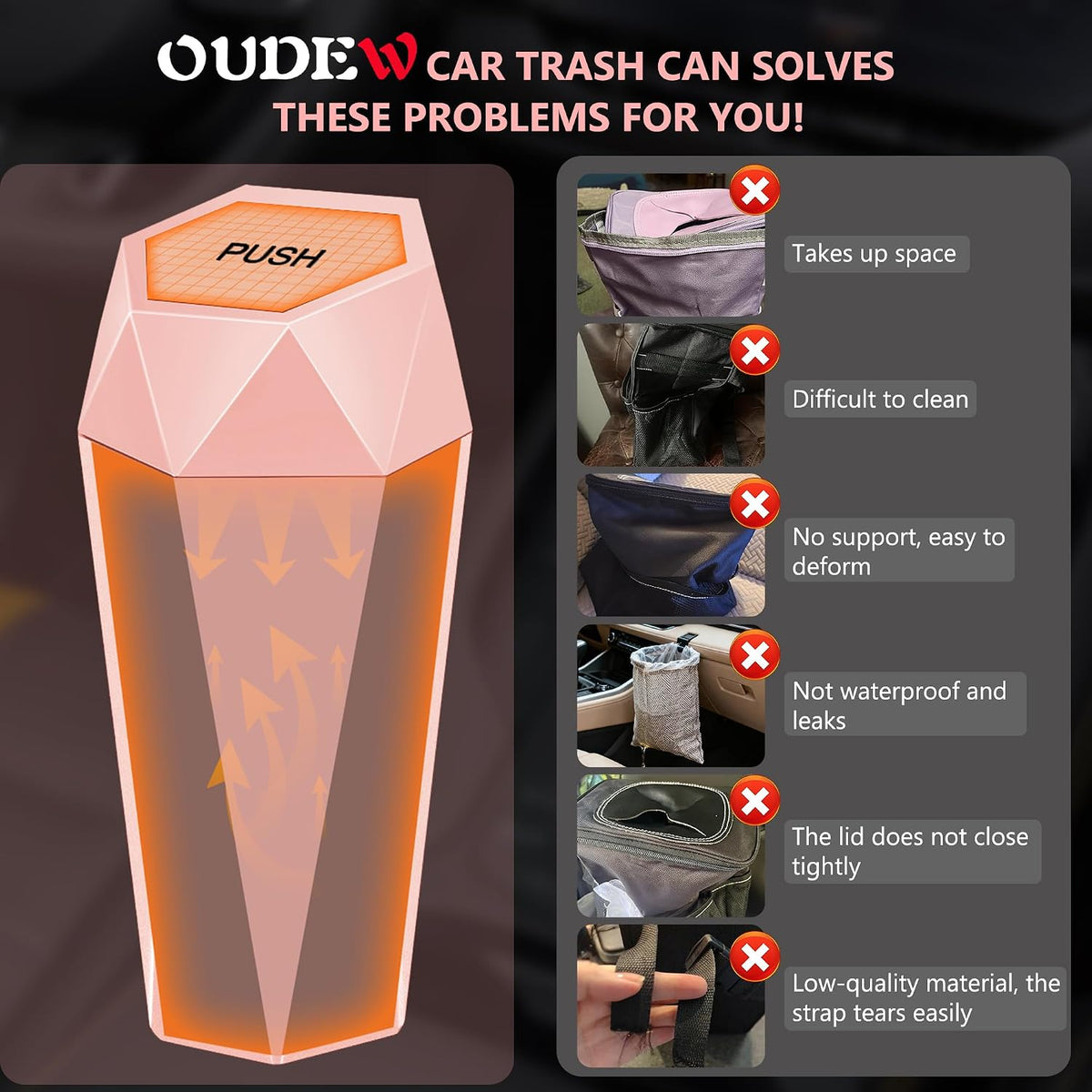Car Trash Can with Lid, Leakproof, 30 Trash Bags, Pink, 2 Pack