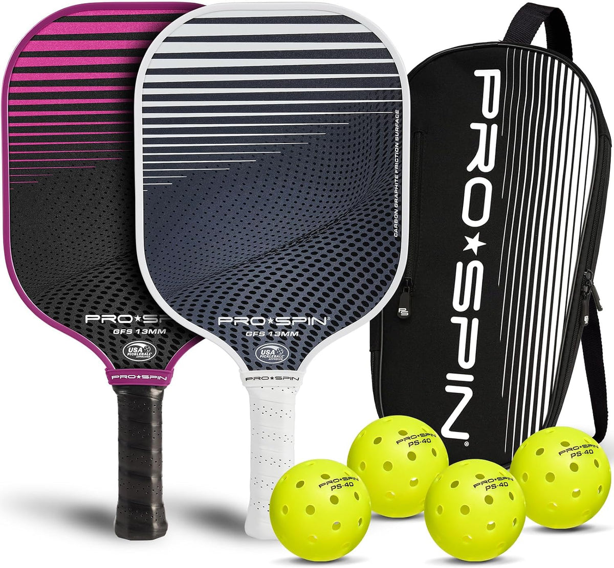 PRO-SPIN Carbon Fiber Pickleball Paddles Set of 2 | Lightweight Pickleball Set with Indoor/Outdoor Balls and Bag – Durable Pickle Ball Paddle Gift for Men, Women & Families