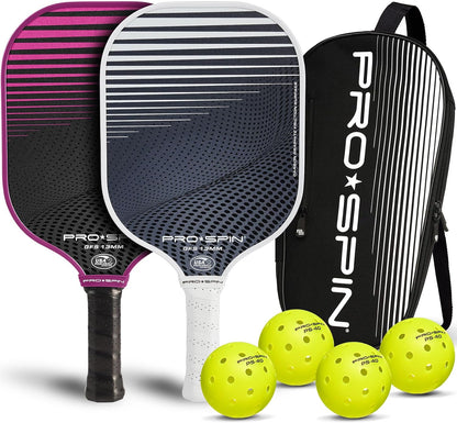 PRO-SPIN Carbon Fiber Pickleball Paddles Set of 2 | Lightweight Pickleball Set with Indoor/Outdoor Balls and Bag – Durable Pickle Ball Paddle Gift for Men, Women & Families