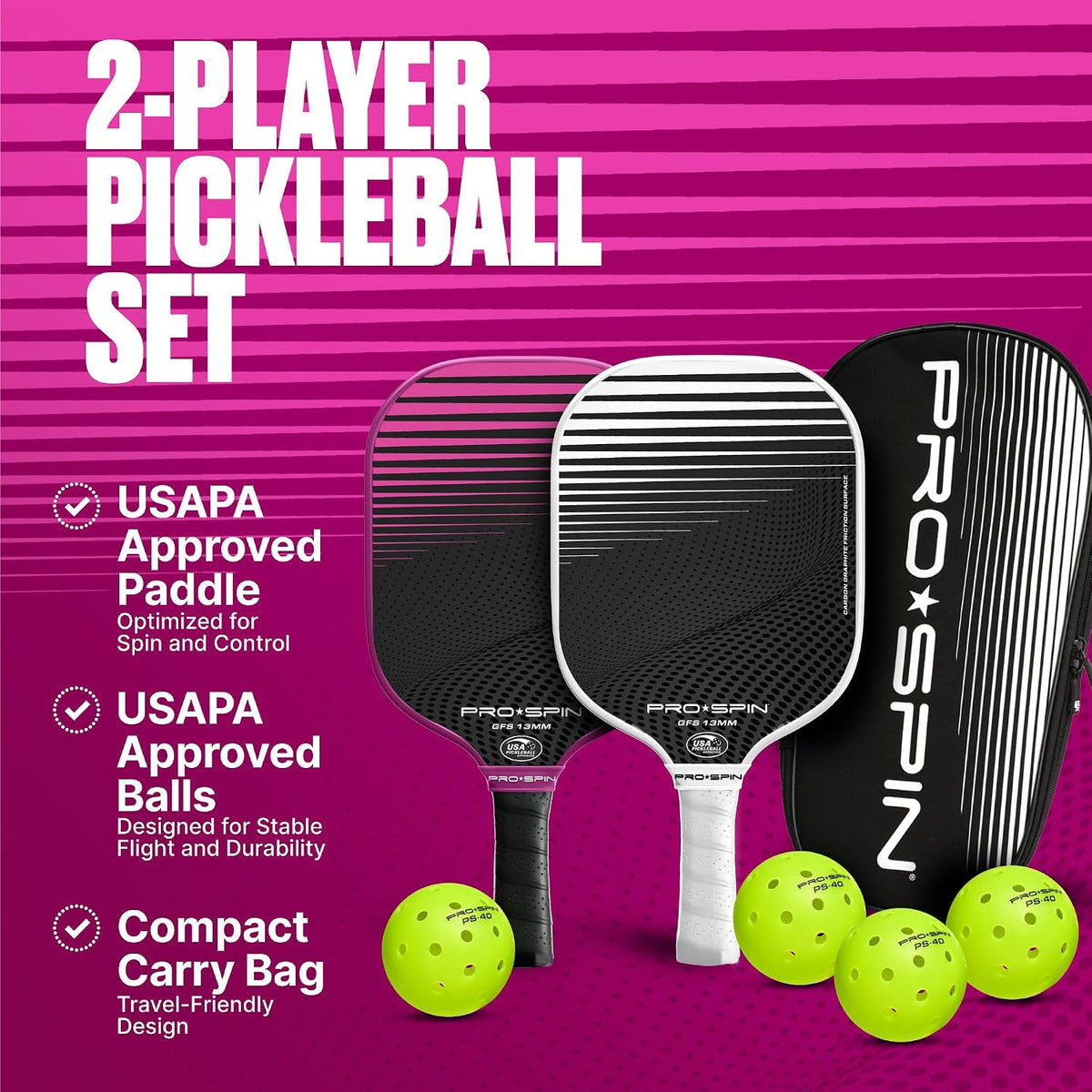PRO-SPIN Carbon Fiber Pickleball Paddles Set of 2 | Lightweight Pickleball Set with Indoor/Outdoor Balls and Bag – Durable Pickle Ball Paddle Gift for Men, Women & Families