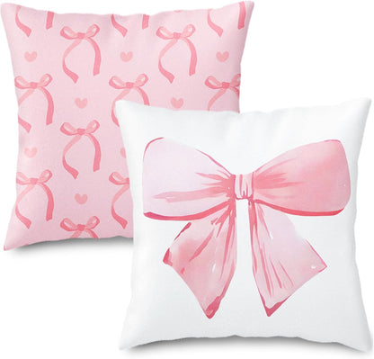 2 Pcs Pink Bow Pillow Covers Watercolor Bowknot Throw Pillow Cases Coquette Cushion Covers for Party Home Couch Sofa Car, 18 x 18 in