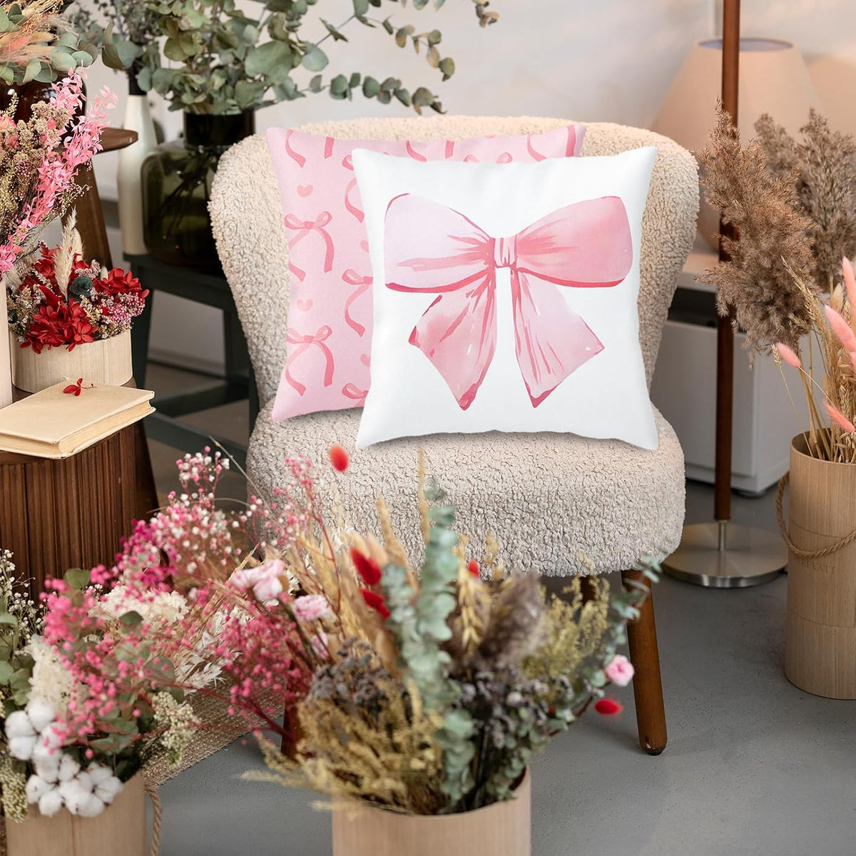 2 Pcs Pink Bow Pillow Covers Watercolor Bowknot Throw Pillow Cases Coquette Cushion Covers for Party Home Couch Sofa Car, 18 x 18 in