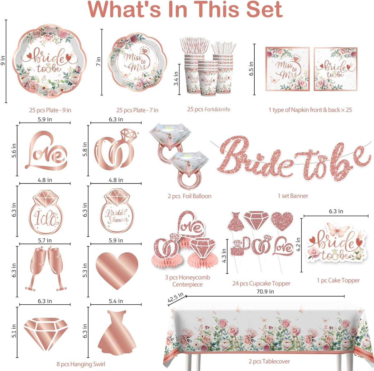 191Pcs Bridal Shower Decorations Tableware Set, 25 Serves