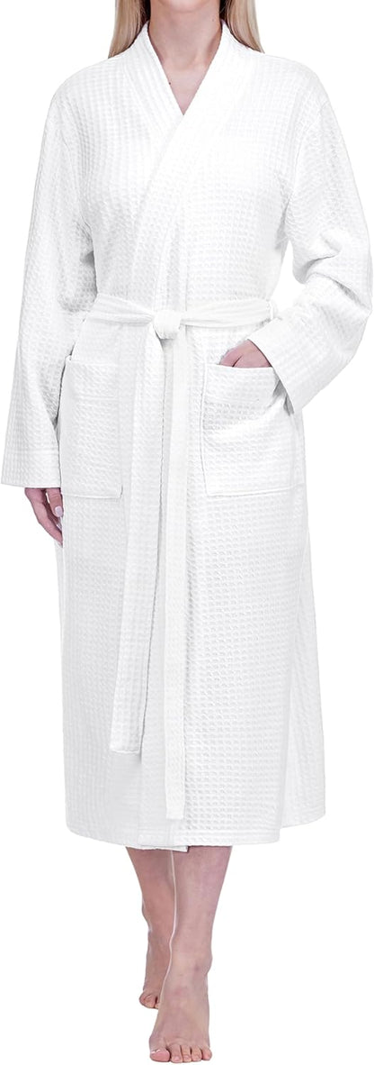 Womens Waffle Robe Lightweight Cotton Blend Bathrobe with Pockets