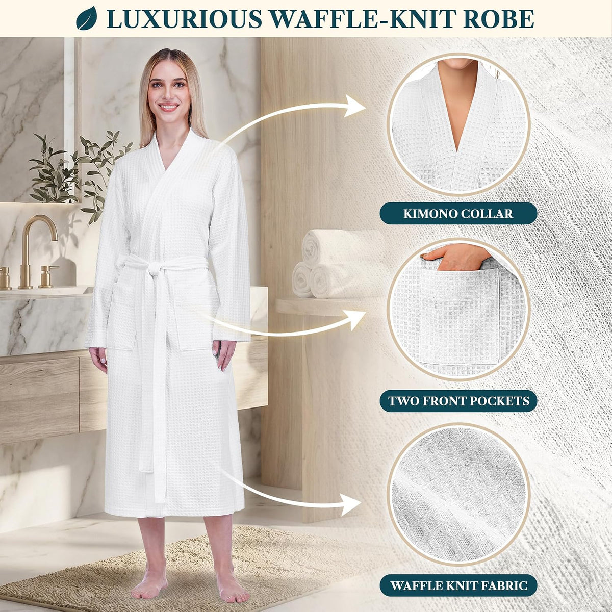 Womens Waffle Robe Lightweight Cotton Blend Bathrobe with Pockets
