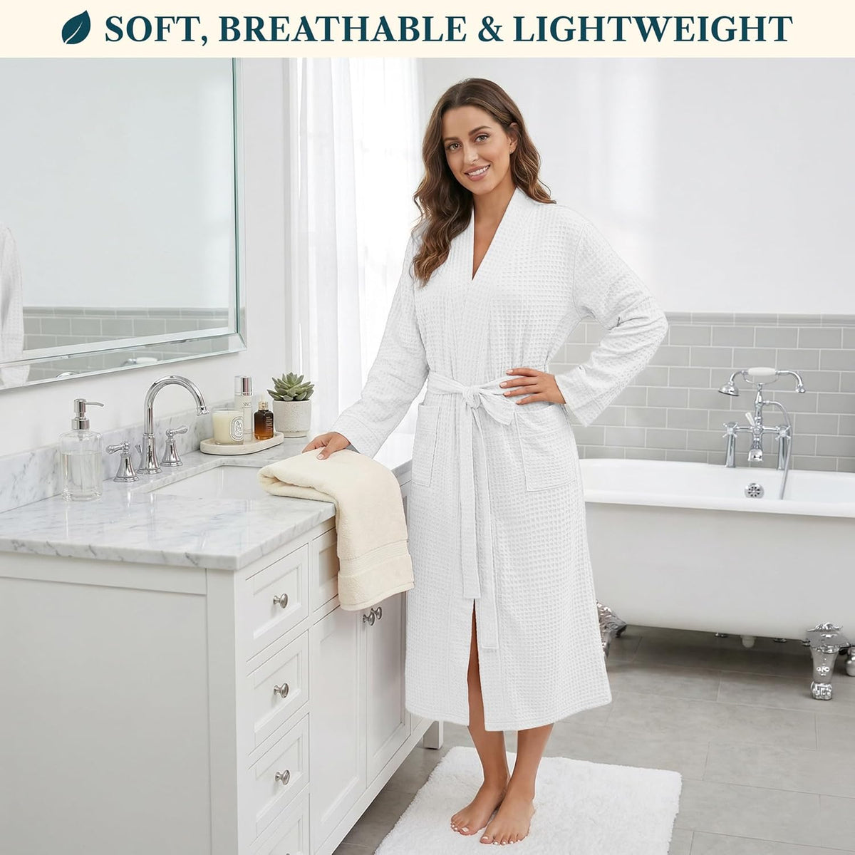 Womens Waffle Robe Lightweight Cotton Blend Bathrobe with Pockets