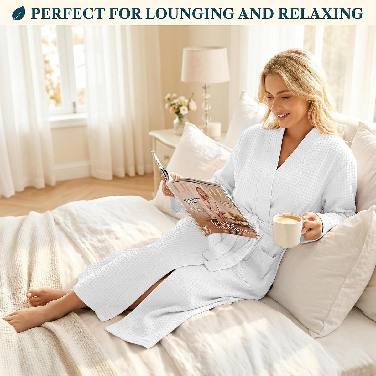 Womens Waffle Robe Lightweight Cotton Blend Bathrobe with Pockets