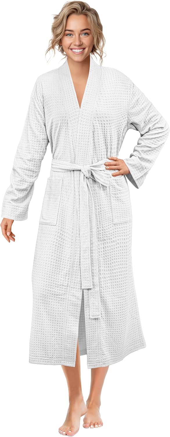Womens Waffle Robe Lightweight Cotton Blend Bathrobe with Pockets