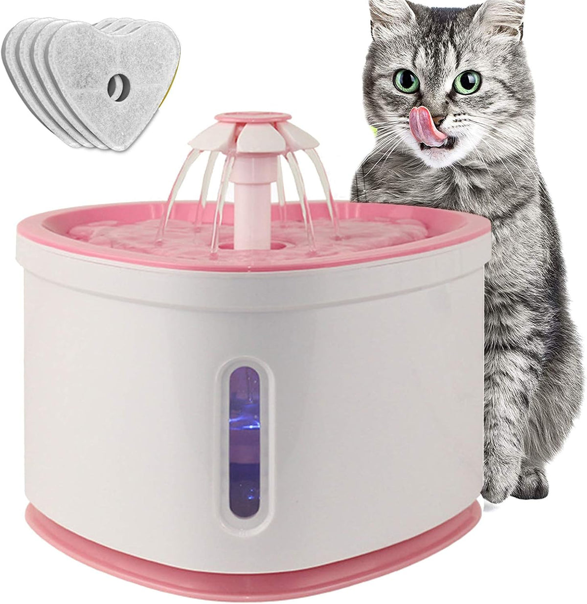Cat Water Fountain 2L Pet Drinking Fountain,Automatic Cat Puppy Dog Water Dispenser,LED Night Vision Water Level Window, Intelligent Auto Shut Off and Ultra-Quiet Pump, 4 Replacement Filters