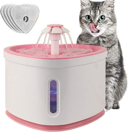 Cat Water Fountain 2L Pet Drinking Fountain,Automatic Cat Puppy Dog Water Dispenser,LED Night Vision Water Level Window, Intelligent Auto Shut Off and Ultra-Quiet Pump, 4 Replacement Filters